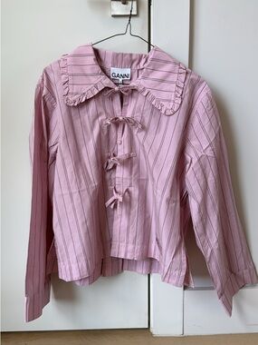 Ganni Pink Striped Tie-Bow Pyjama Shirt